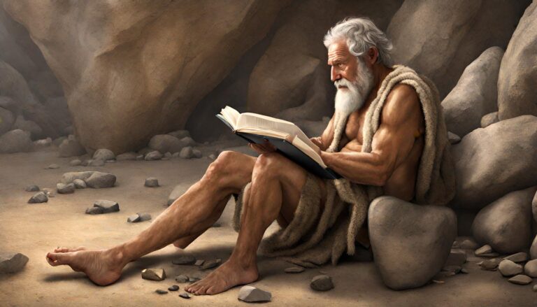 Stone Age man reading a book representing the Astronomical values present in Stone Age geometrical symbols